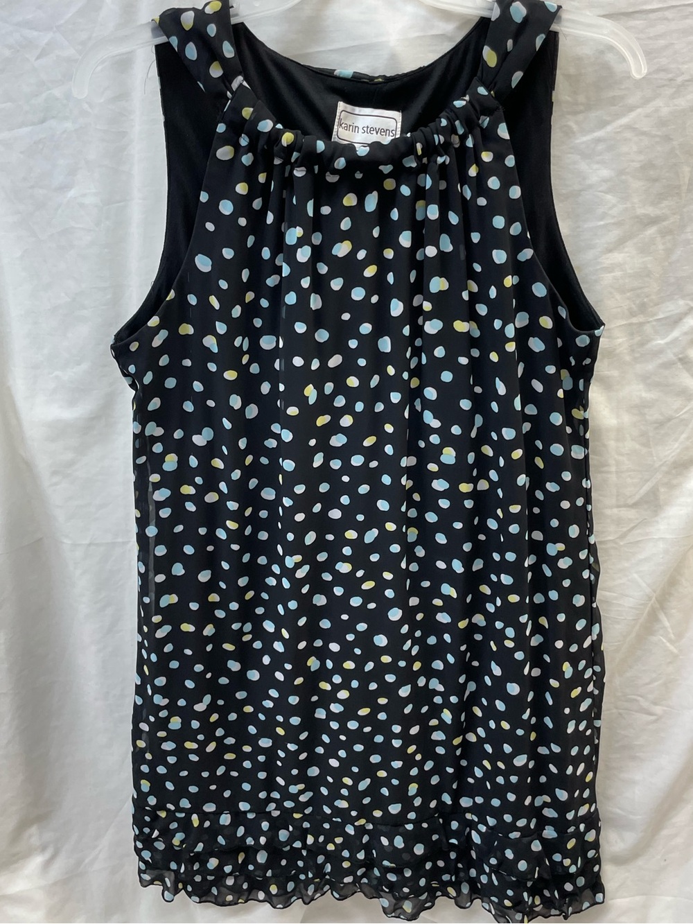 karin stevens Polka Dot Sleeveless ruffled tail sun dress- Black blue/yellow  14